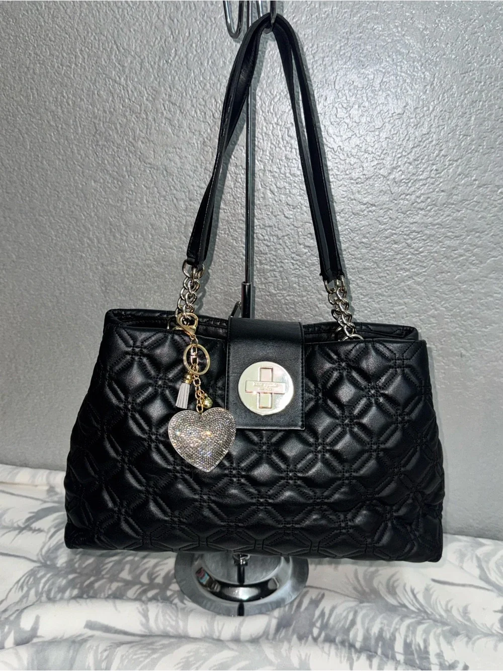 kate spade Black Quilted Shoulder Bag with Gold Hardware and Heart Charm
